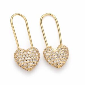 Gold Heart Pave Safety Pin Earrings (7020)